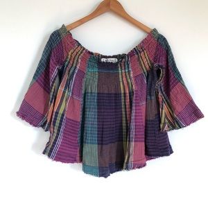 Free People Multicolor Plaid Off-Shoulder Blouse